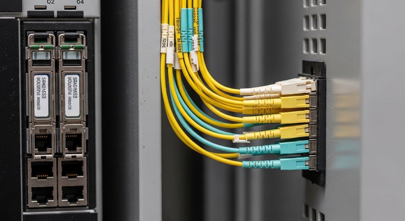 Close-up photography of a 19-inch rack side panel with a bundle of fiber patch cords routed around a sharp corner; visible be