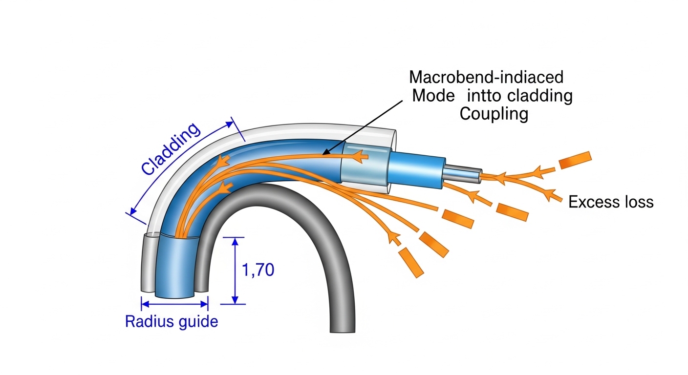 Vector illustration showing a cross-section of a fiber cable bending around a radius guide; arrows indicate macrobend-induced