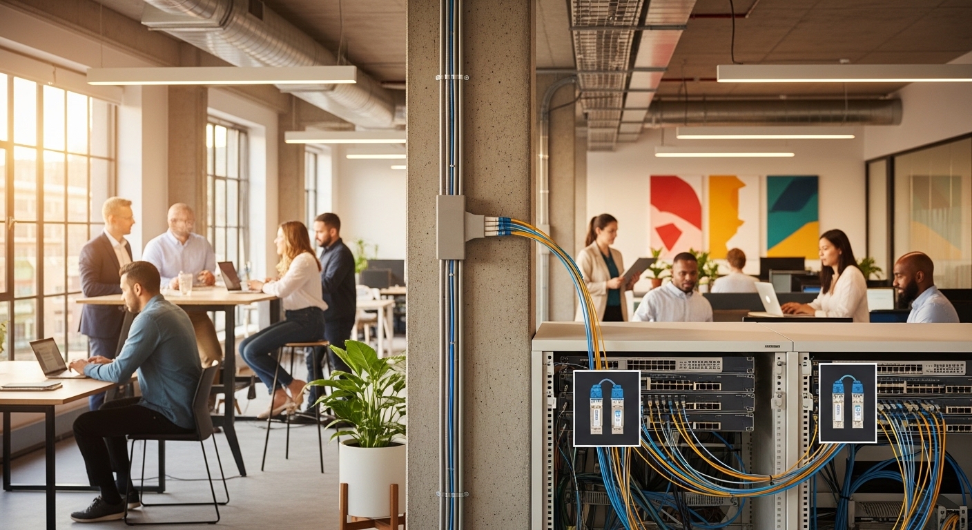 Lifestyle scene featuring vertical riser fiber, In-Building Fiber Cabling: SFP for Vertical and Horizontal Distribution, warm