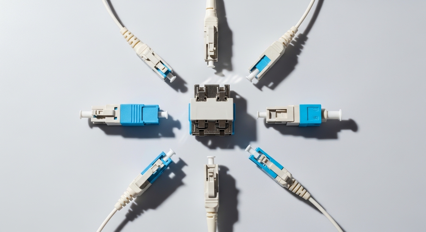 Overhead flat-lay composition of MPO MTP connector, Fiber Optic Connector Types: LC, SC, MPO, MTP, ST, FC for SFP, styled lay