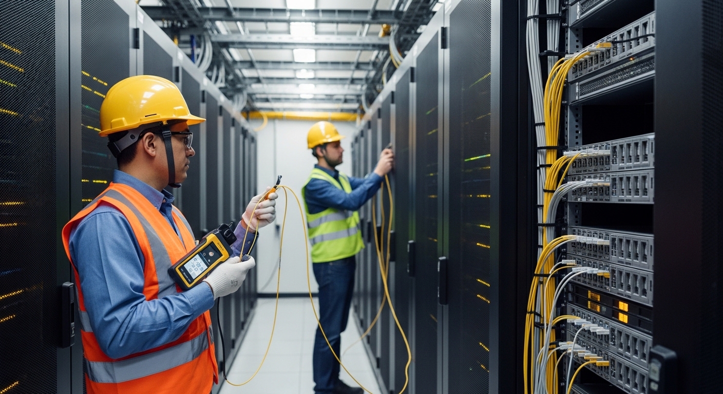 Industrial lifestyle scene inside a data center row; a field engineer in safety vest holding a fiber inspection light meter w
