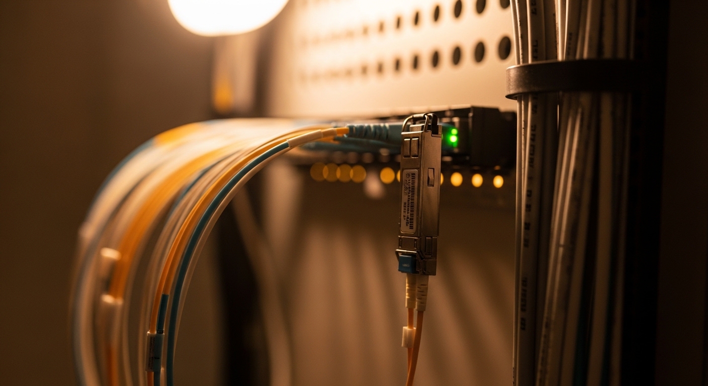 Lifestyle scene featuring vertical riser fiber, In-Building Fiber Cabling: SFP for Vertical and Horizontal Distribution, warm