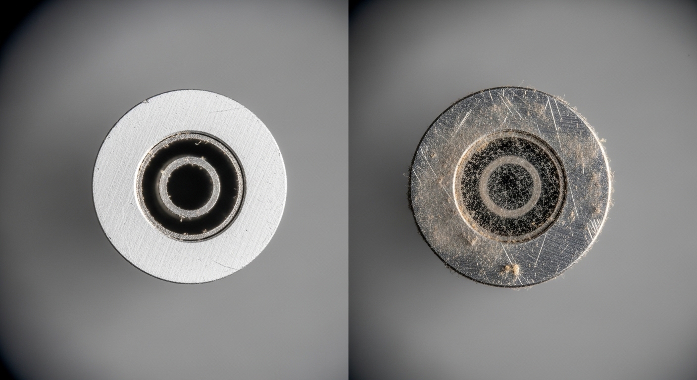 A macro photography scene of a fiber optic ferrule end face under a handheld inspection microscope, showing a split-screen vi