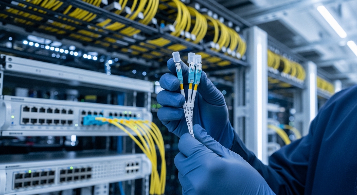 A high-resolution photography scene inside a modern data center row, a technician wearing ESD-safe gloves holding a labeled p