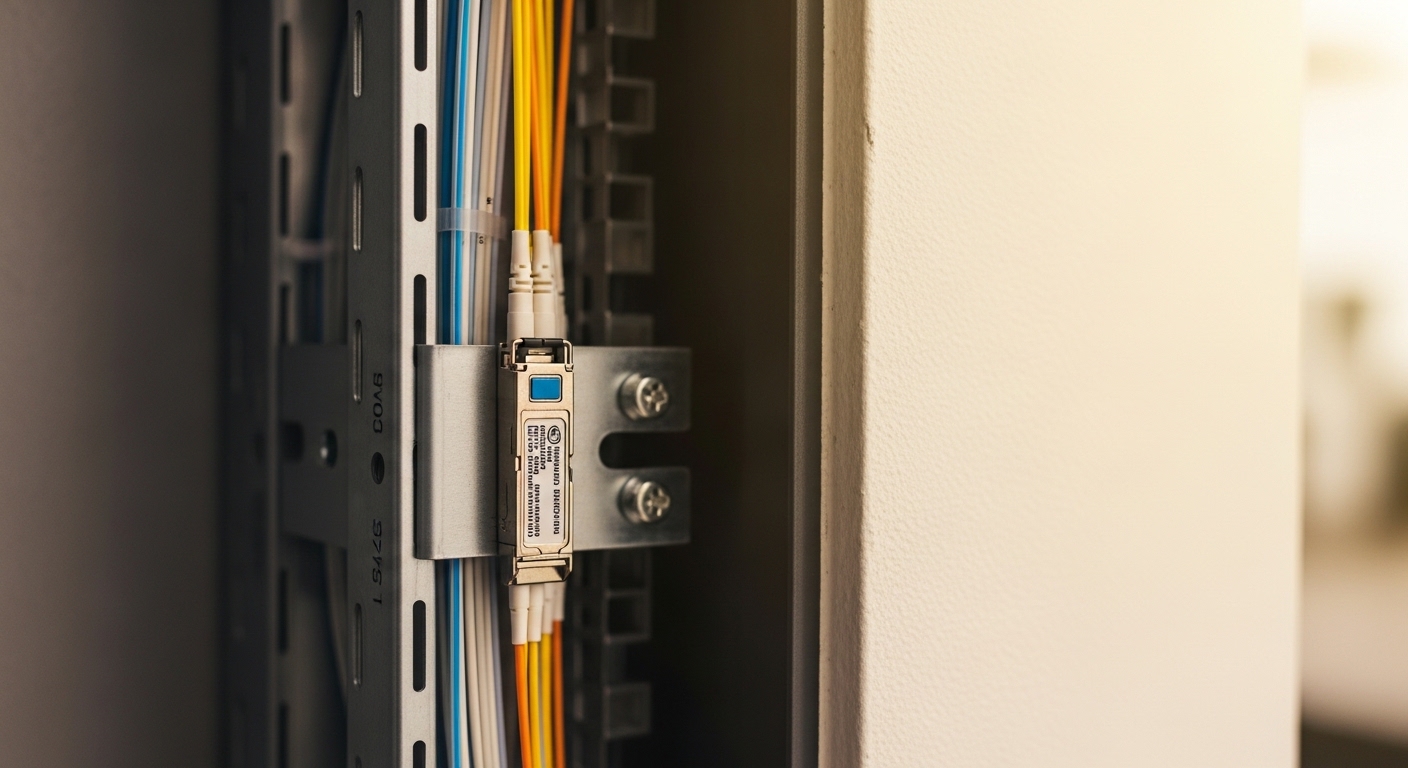 Lifestyle scene featuring vertical riser fiber, In-Building Fiber Cabling: SFP for Vertical and Horizontal Distribution, warm