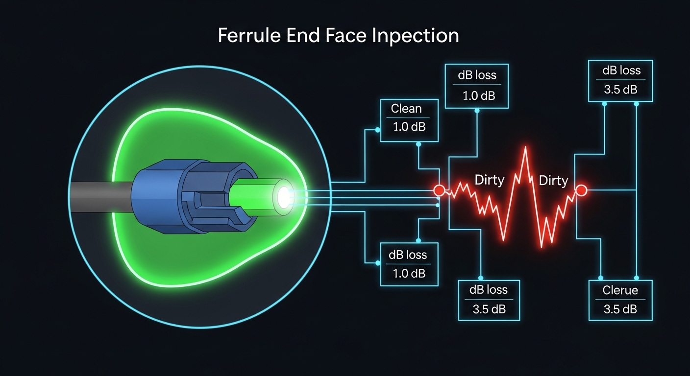 Concept art illustration of a fiber link budget diagram overlaying a ferrule end face inspection screen; clean vs dirty regio
