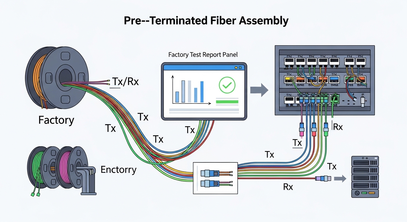 Vector illustration concept art showing an end-to-end pre-terminated fiber assembly workflow, with colored fiber pairs, polar