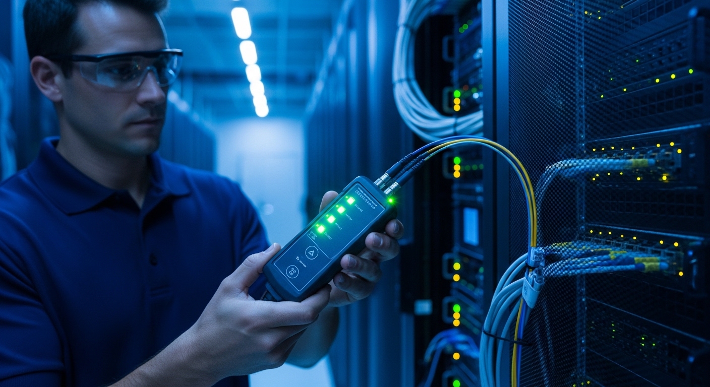 Ultra-realistic photography of a technician in a rack row at a data center holding a compact fiber light source tester with a