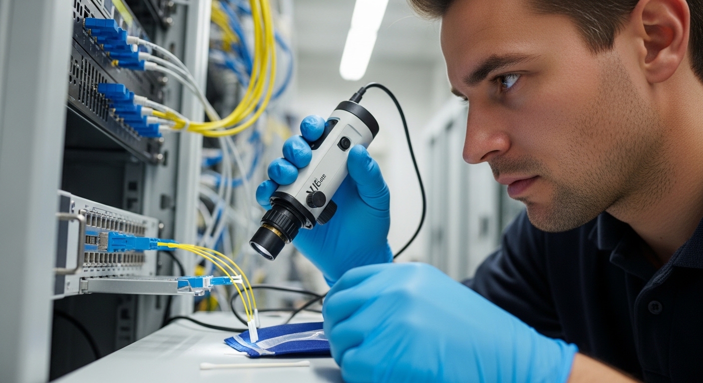 Lifestyle photography of a field technician in a server room performing ferrule end face inspection at an open patch panel, w