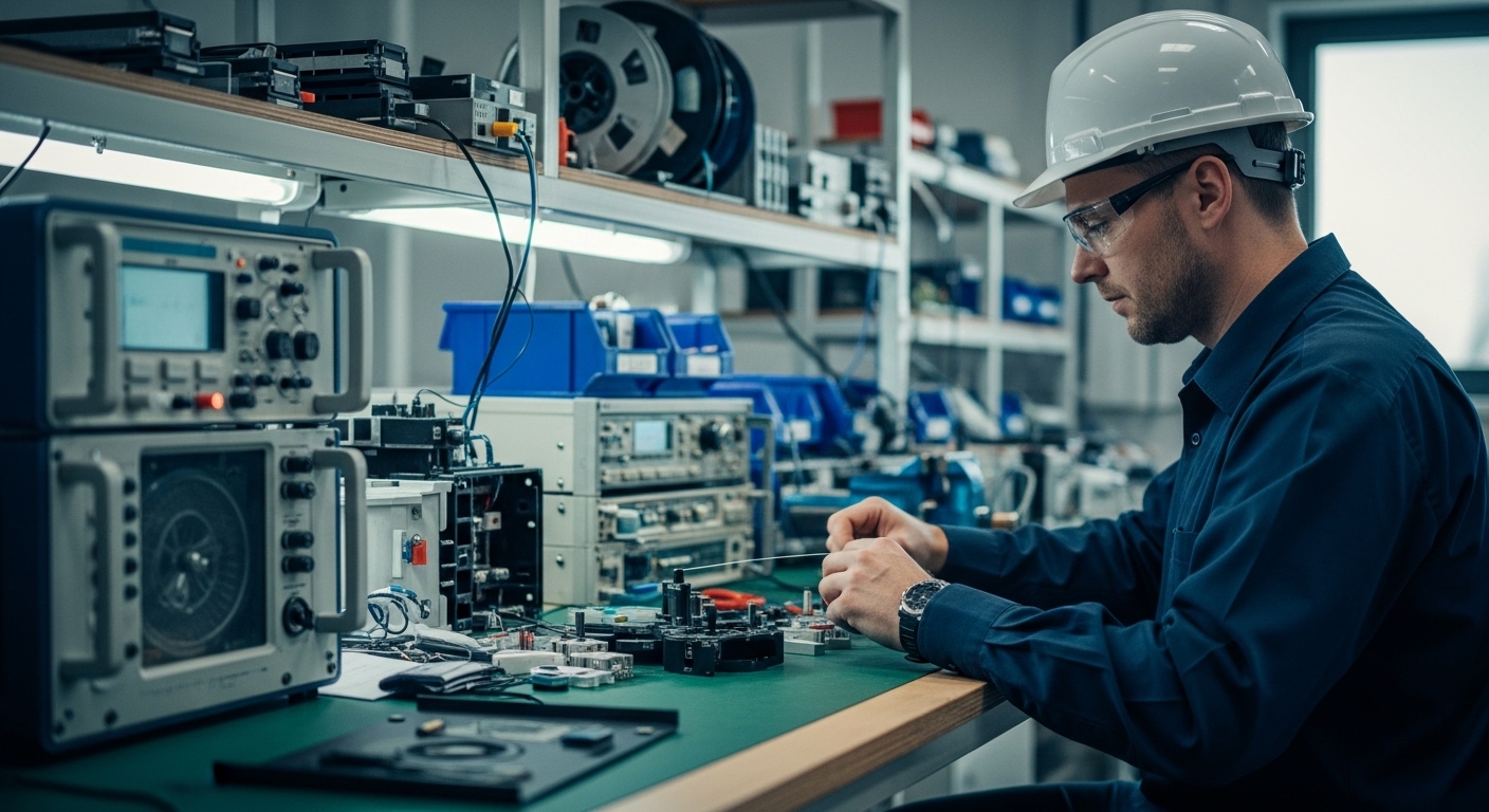 Photorealistic lifestyle scene in a staging lab, an engineer at a bench using a handheld fiber inspection microscope and an o