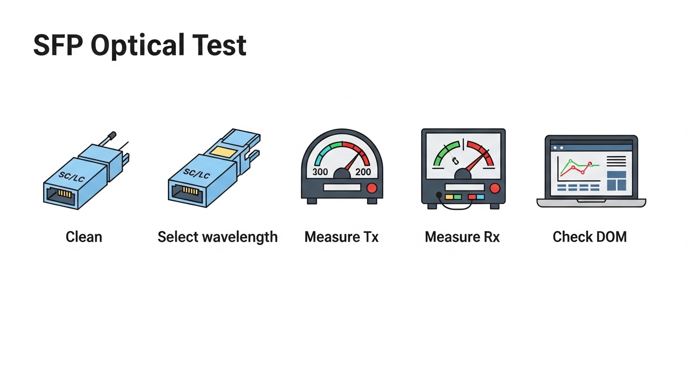 Clean vector illustration showing an SFP optical test flowchart: steps labeled “Clean,” “Select wavelength,” “Measure Tx,” “M