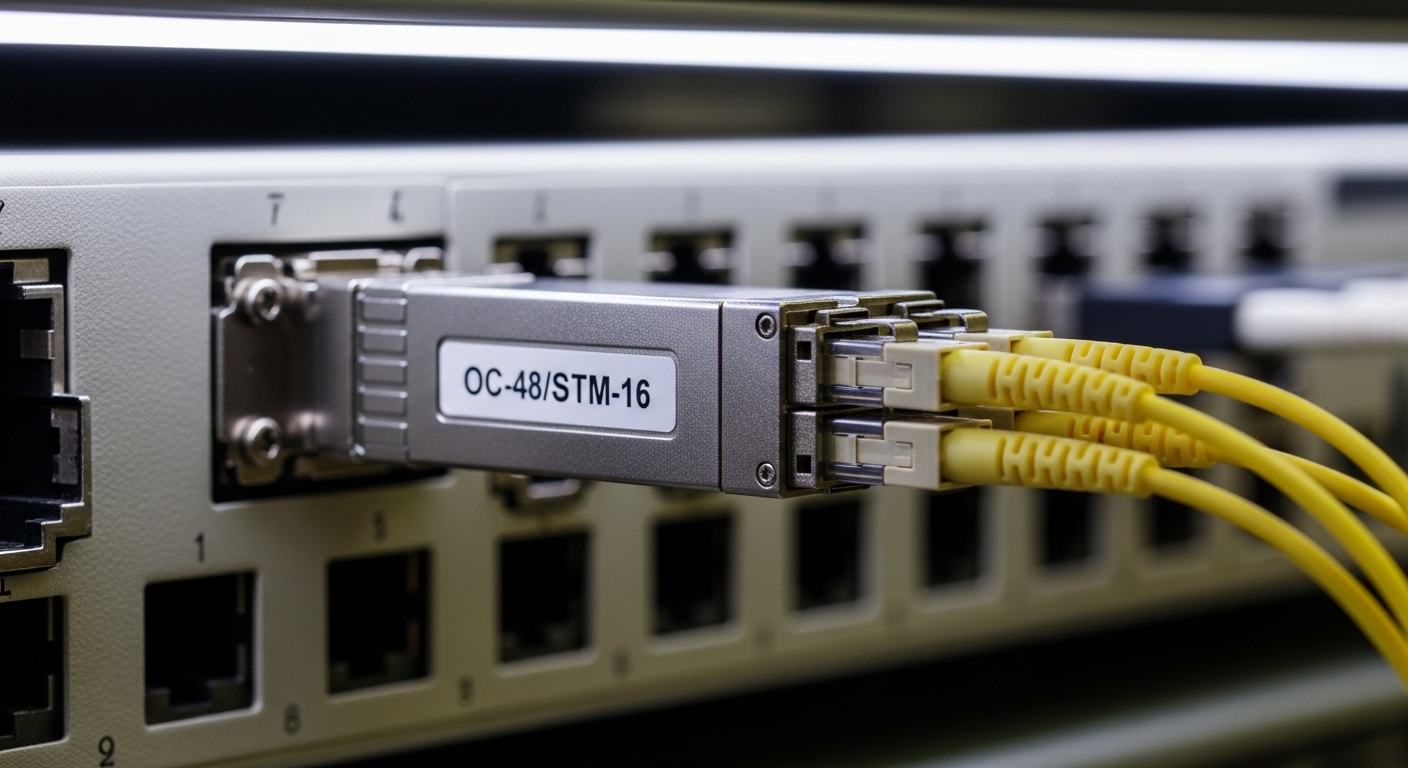 Close-up macro photography of a pluggable optical transceiver labeled for OC-48/STM-16, inserted into an older SONET/SDH tran