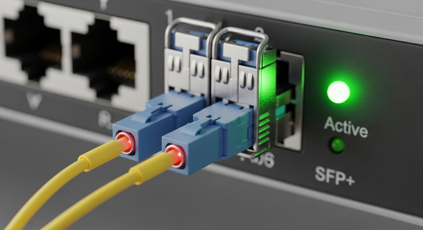 Close-up macro photography of an LC duplex fiber connection plugged into a rack-mounted SFP+ cage, showing dust-free end face