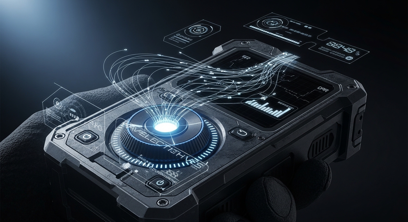 Concept art style scene of a rugged handheld tester with a glowing wavelength selection dial, overlaid with a faint schematic