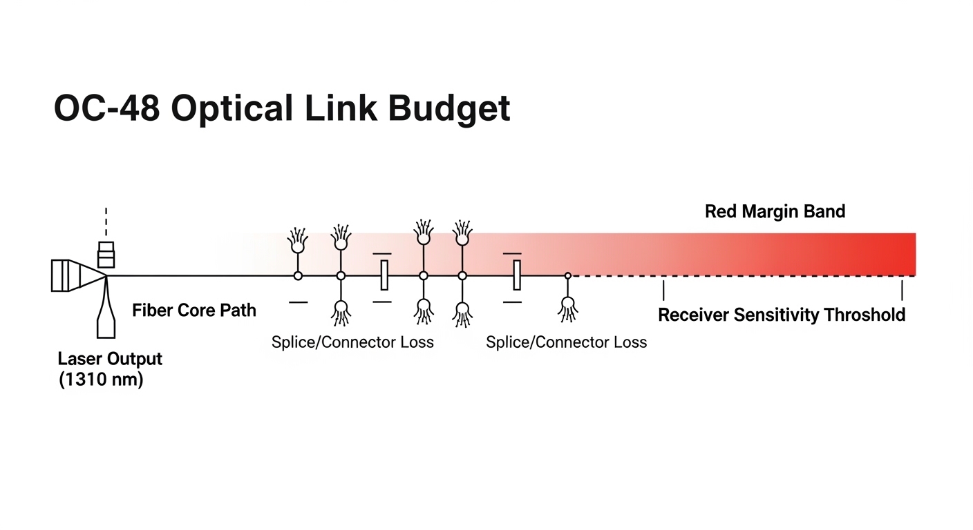 Vector illustration concept art showing an OC-48 optical link budget diagram: laser output at 1310 nm, fiber core path, splic