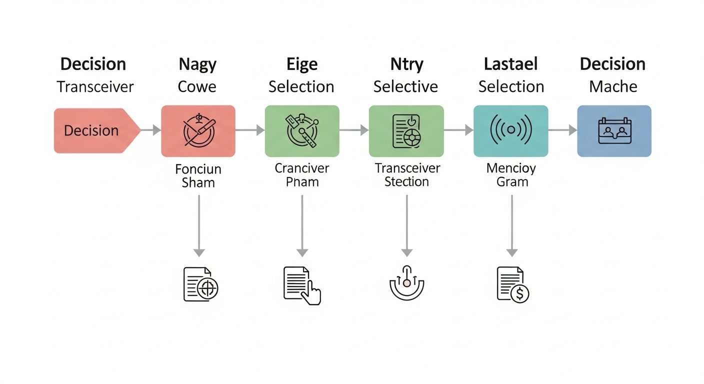 Infographic illustration showing a decision tree for selecting MEF fiber optic transceivers, with icons for wavelength, fiber