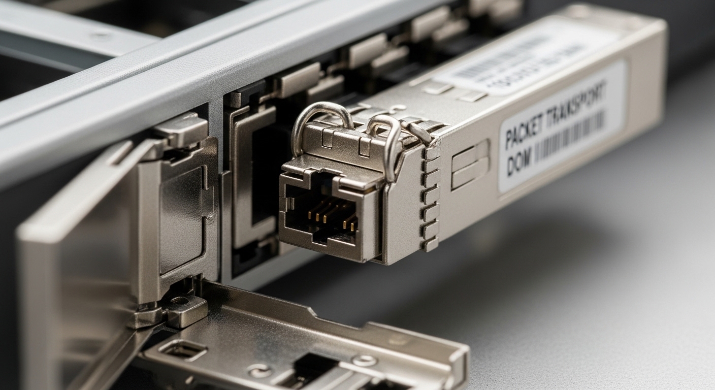 Close-up photography of an open 10G SFP cage on a metro aggregation switch, showing a packet transport SFP module with a dupl