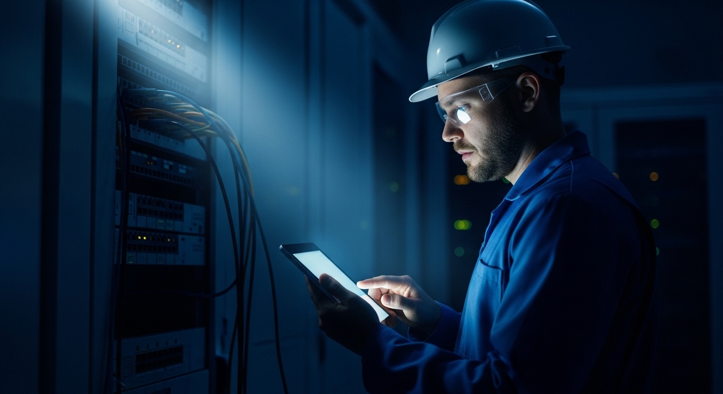 Concept art scene of a technician holding an OTDR tablet near a fiber patch panel, with animated-style translucent fiber path