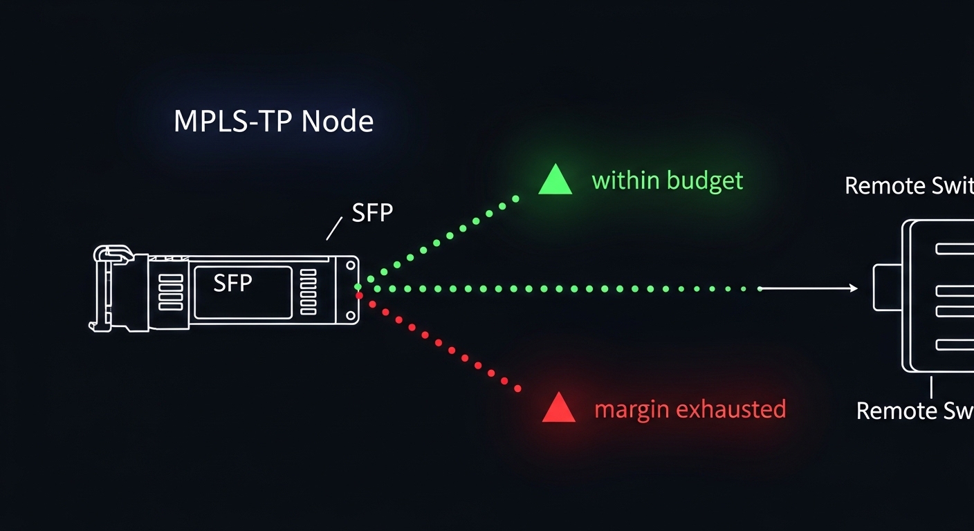 Illustration concept art showing an MPLS-TP node diagram with dotted optical power budget arrows from an SFP to a remote swit