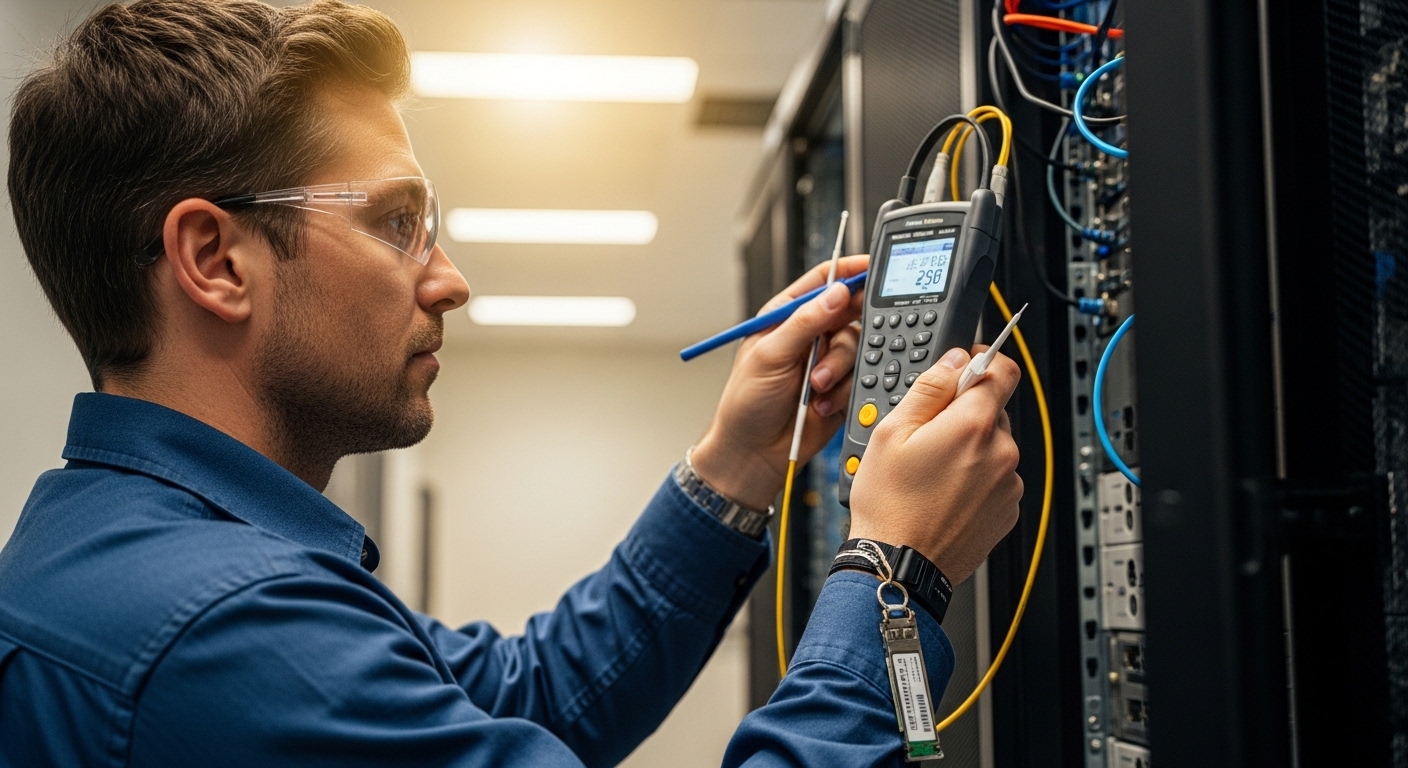 Lifestyle scene with a field engineer in a server room holding an optical power meter and cleaning kit next to an open networ