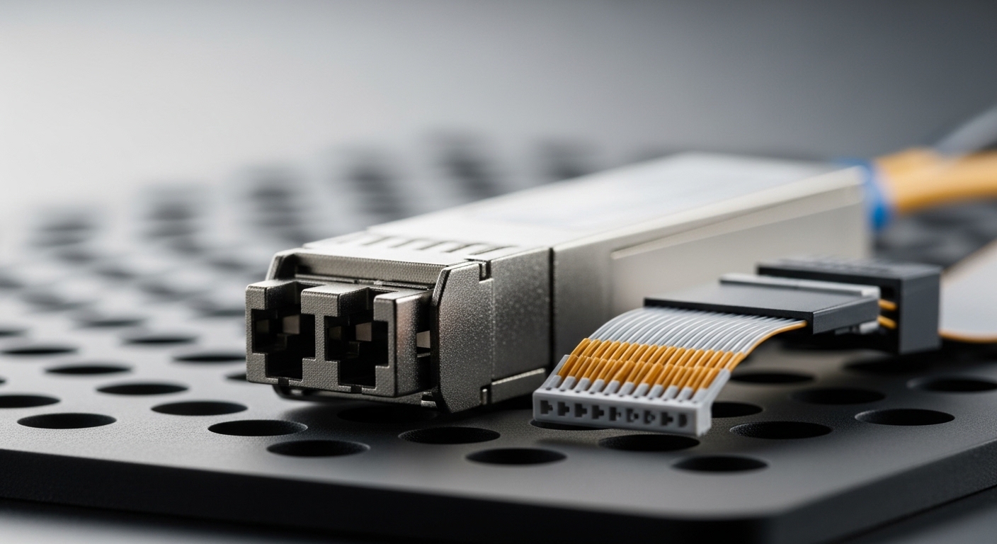 Macro product photography of a CXP transceiver module on an anti-static mat, front connector facing camera, visible 12-channe