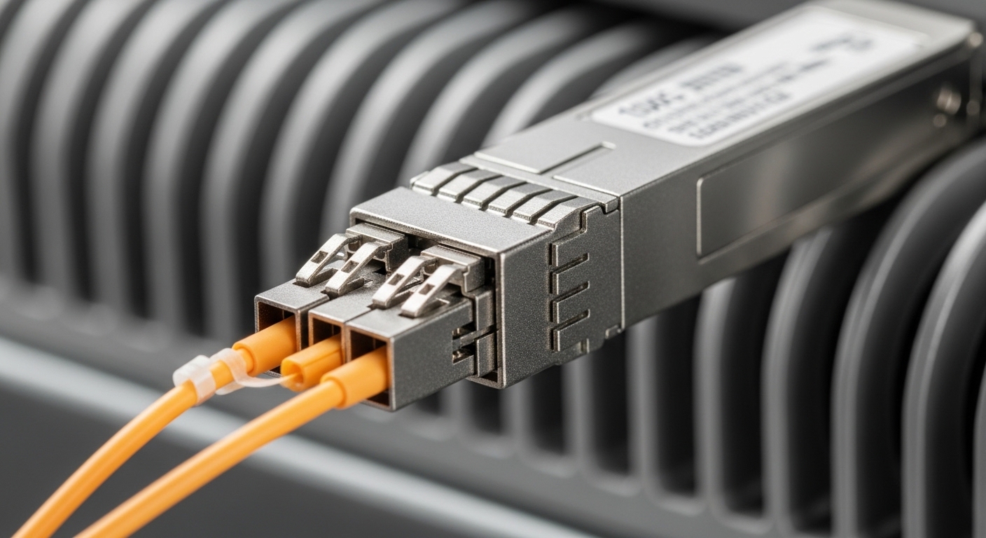 Close-up product photography of a 100G CFP transceiver module seated in a network switch optics cage, LC duplex connectors vi