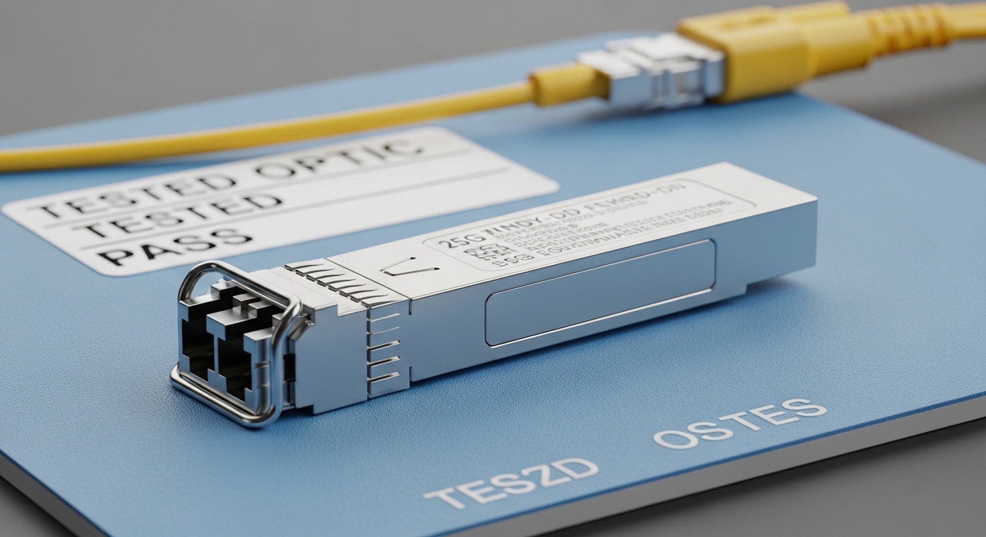 A high-resolution macro photography of a 25G SFP-DD transceiver module on an ESD mat, connectors visible, with a fiber patch 