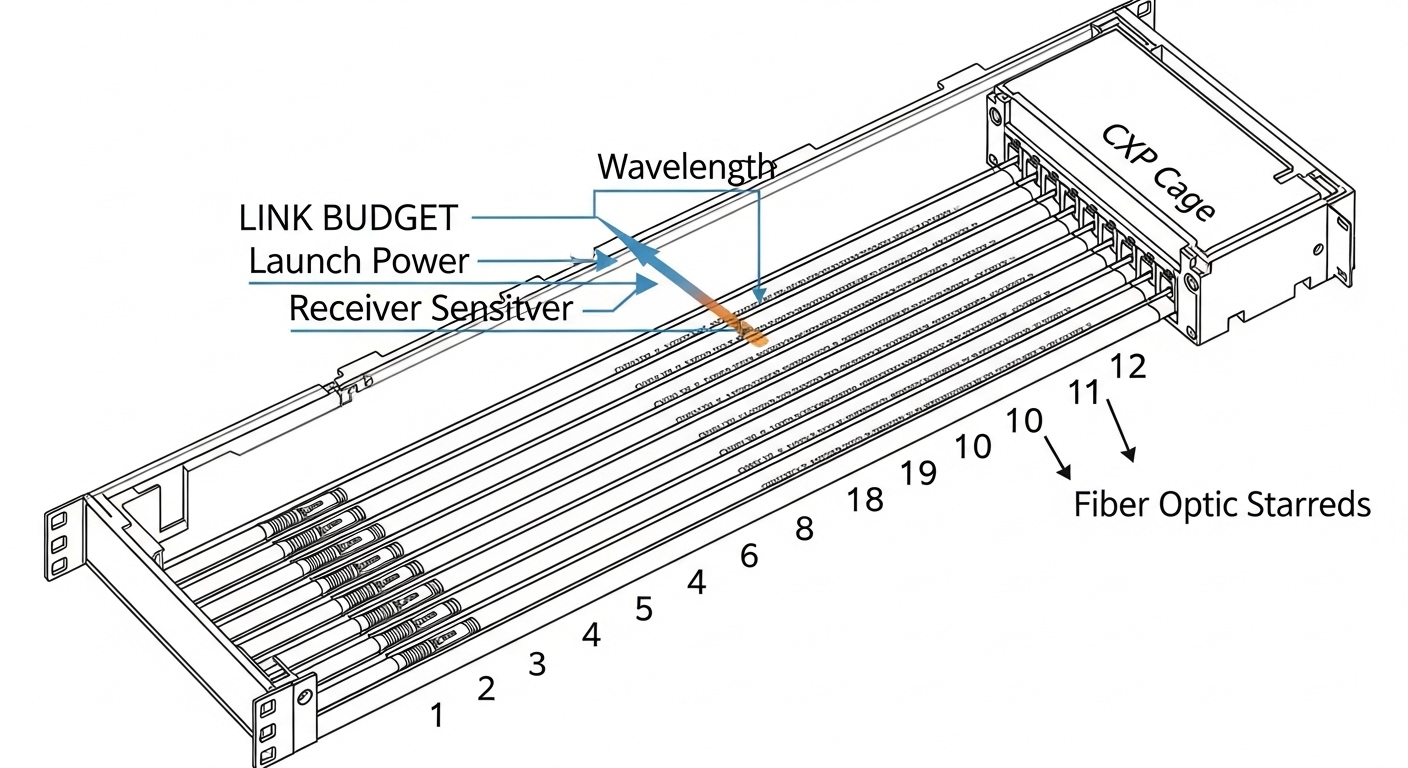 Clean technical illustration showing a top-down chassis view with a CXP cage, 12 parallel fiber strands labeled 1 through 12,