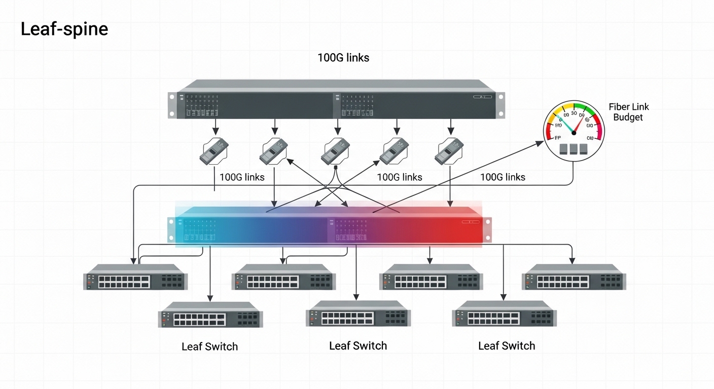 Illustrated network diagram concept art showing a service provider leaf-spine style aggregation with arrows labeled 100G link