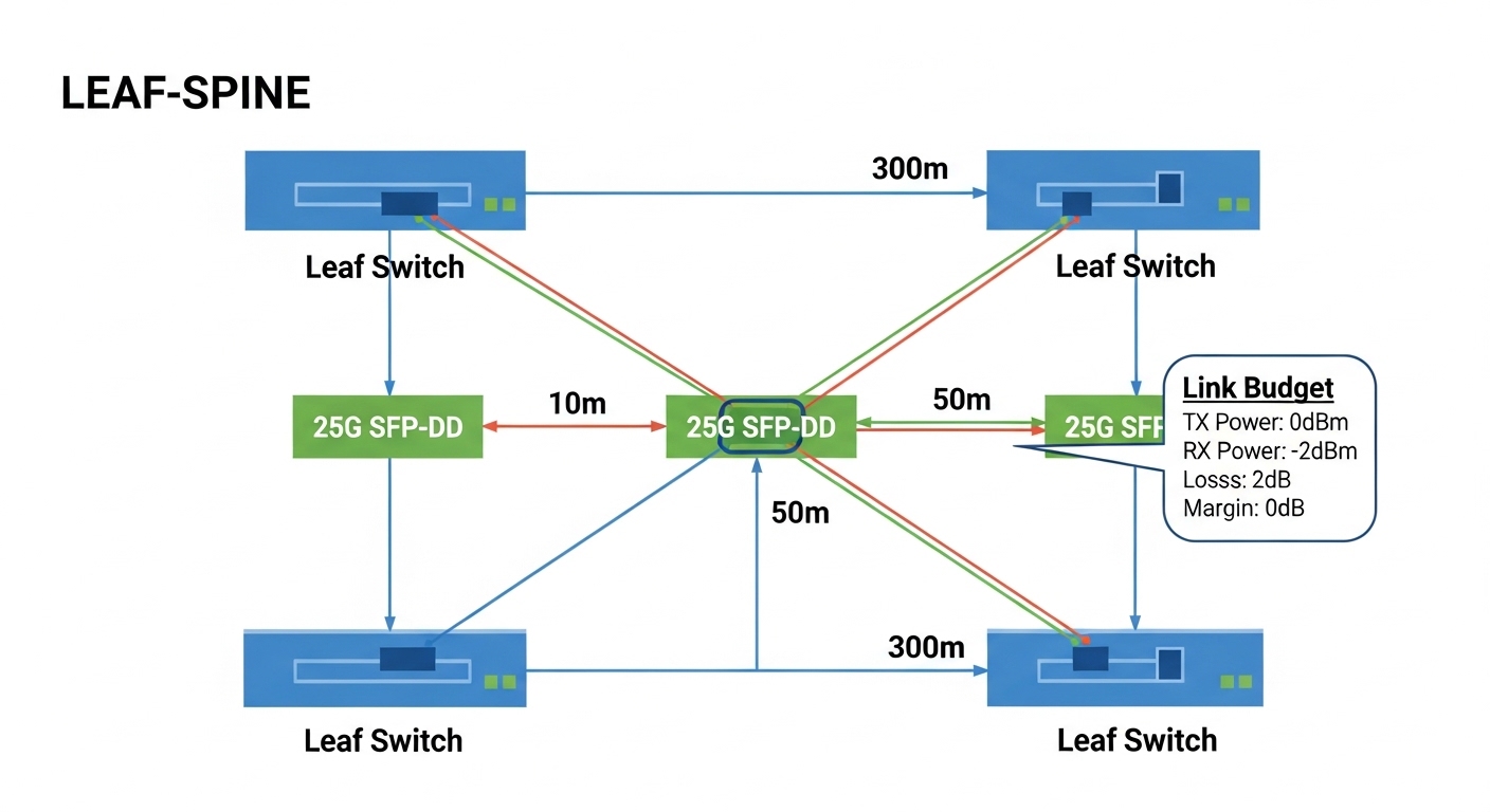 Clean engineering illustration showing a leaf-spine topology diagram with colored fiber links, highlighted 25G SFP-DD ports o