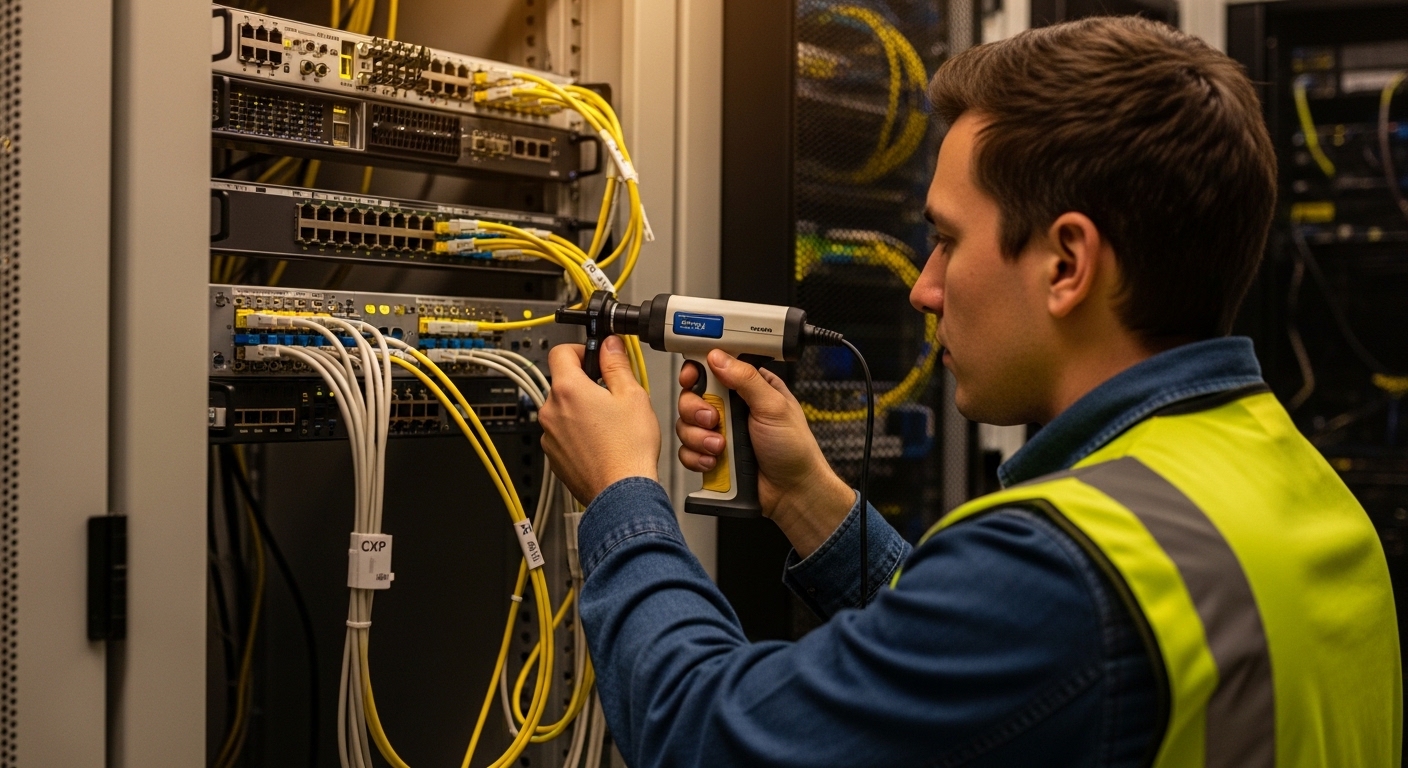Real-world lifestyle scene in a server room: a field engineer in high-visibility vest using a handheld fiber inspection scope