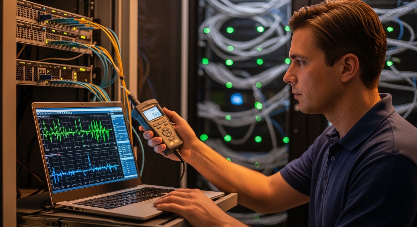 Conceptual lifestyle scene showing an engineer in a server room using a handheld optical power meter and a laptop displaying 