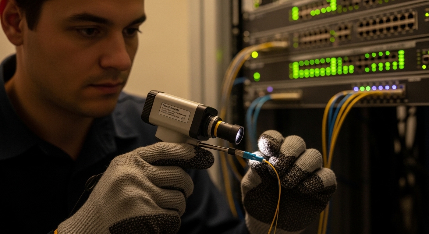 Photorealistic lifestyle scene of a network operations technician in a server room wearing ESD gloves, holding a fiber inspec