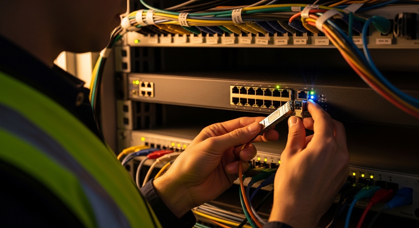 A close-up photography scene inside a telecom equipment closet: a technician in high-visibility vest installs a 2.5GBASE-T NB