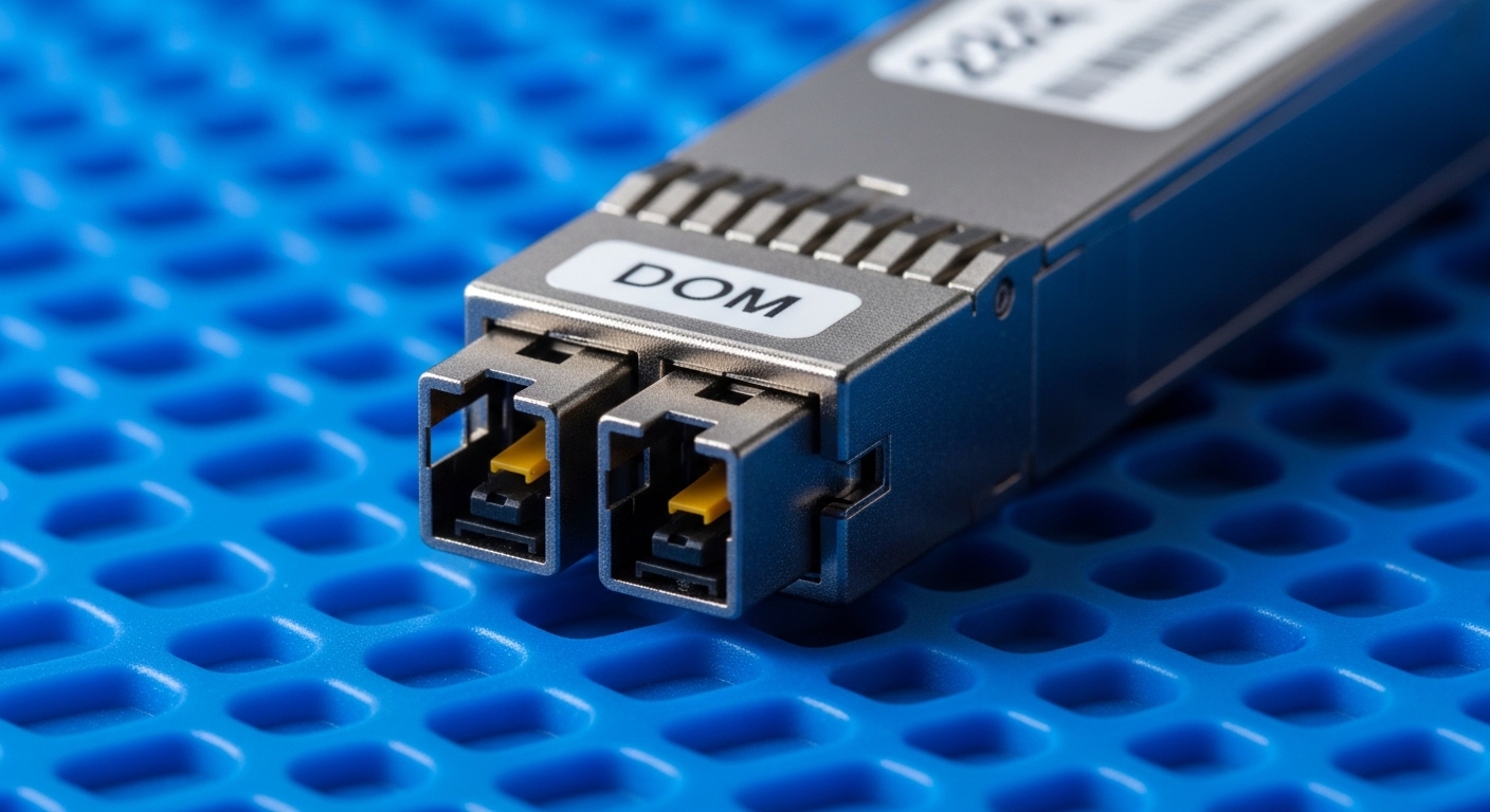 Macro photography of a 224G PAM4 transceiver module on an anti-static mat, close-up on the LC fiber connector and DOM label, 