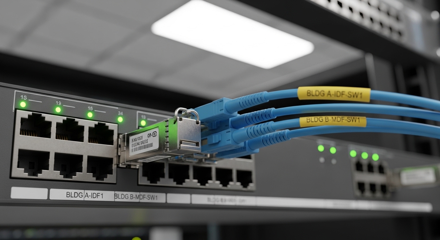 Photorealistic close-up of a rack-mounted campus switching closet, showing an SFP-style fiber transceiver module inserted int