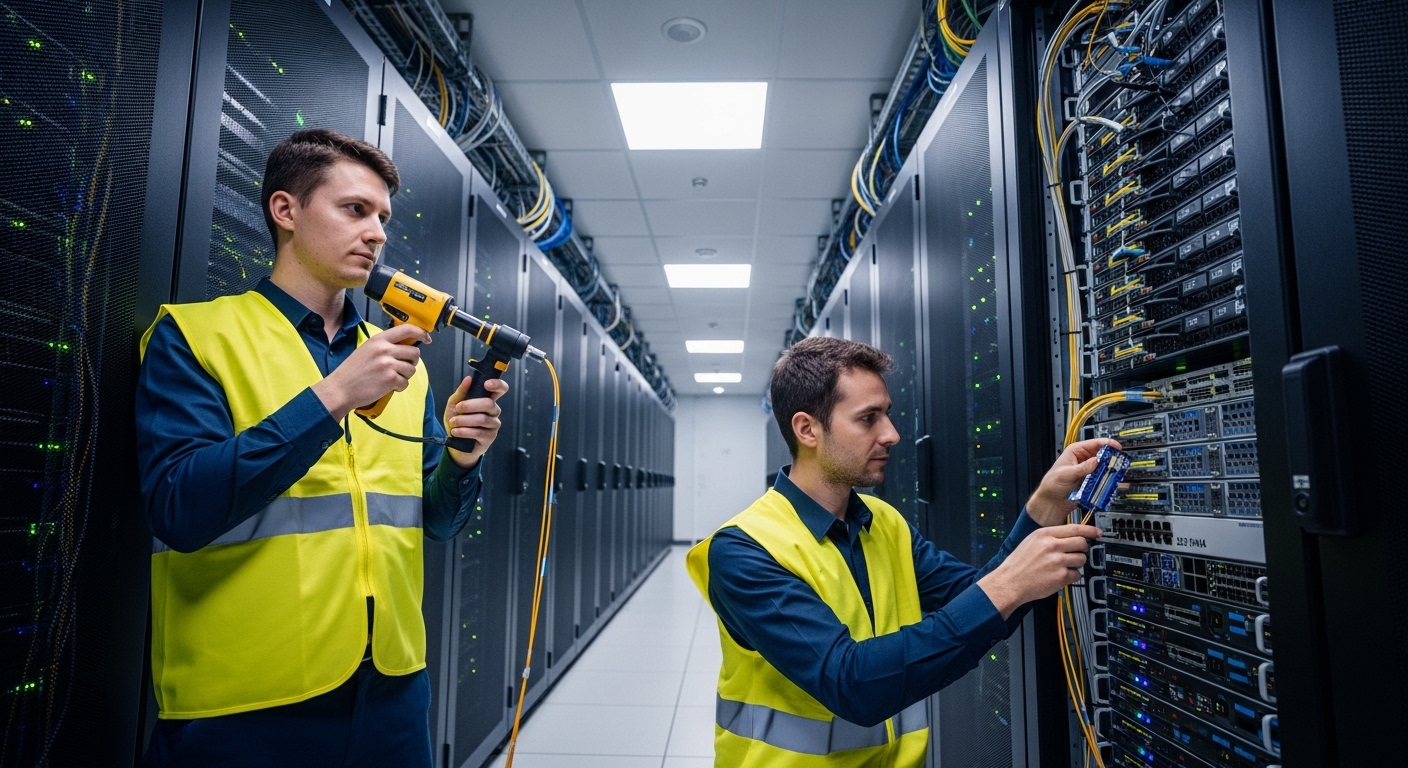 Wide-angle lifestyle scene inside a data center aisle, engineer in safety vest holding a fiber inspection scope while another