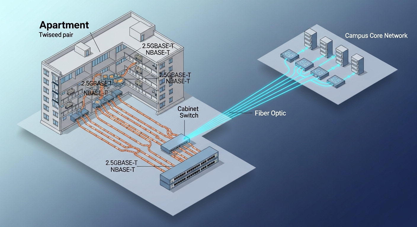 Concept art illustration of a network topology: a bright isometric diagram showing an apartment building with copper links la