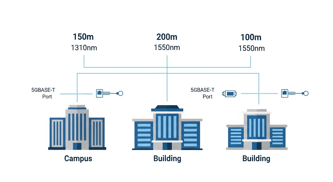 Conceptual illustration showing a campus map with three buildings connected by fiber links, labeled distances in meters and w