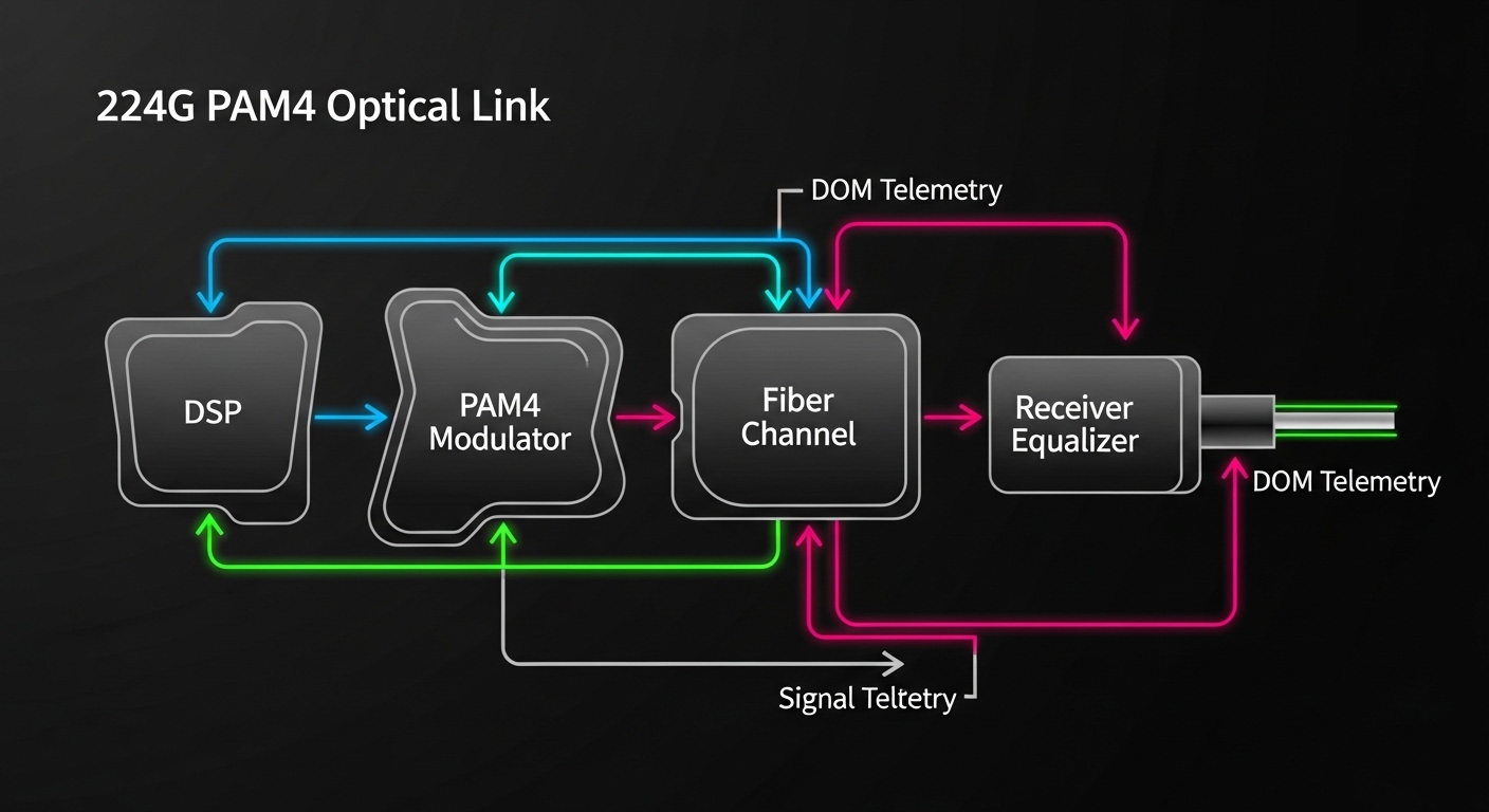 Concept art diagram of a 224G PAM4 optical link, stylized blocks for DSP, PAM4 modulator, fiber channel, receiver equalizer, 