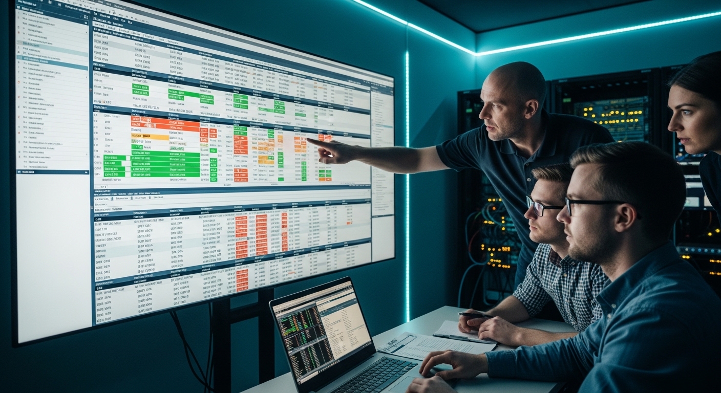 Photorealistic lifestyle scene in an office network operations room: engineers reviewing a dashboard on a large monitor showi