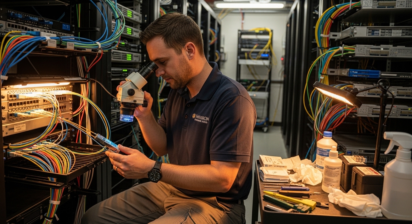 Photorealistic lifestyle scene of a field engineer in a campus data closet using a fiber microscope and cleaning kit, holding