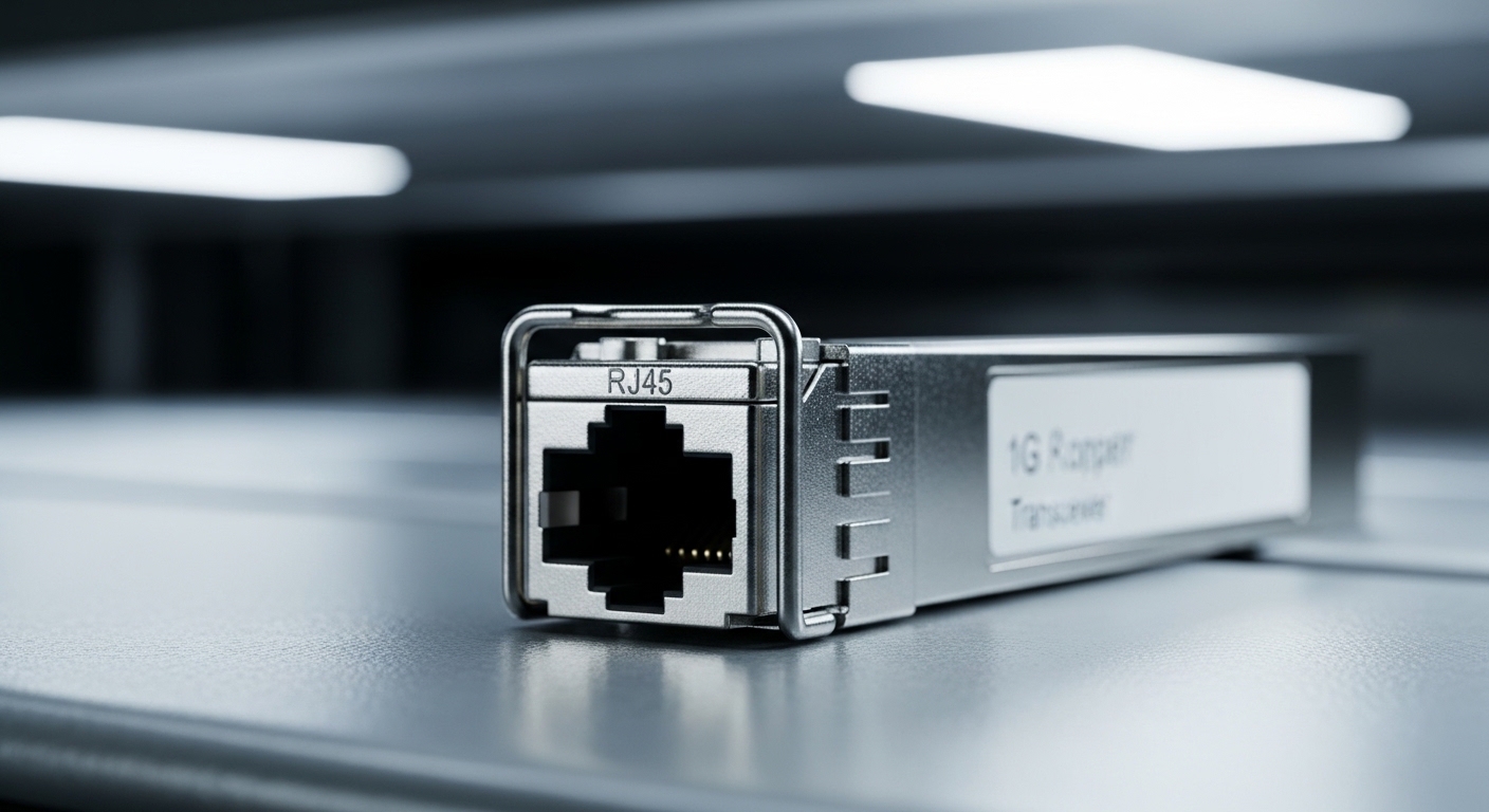 Close-up product photography of a 1G RJ45 copper SFP transceiver with metal cage and transparent label, RJ45 port connector v