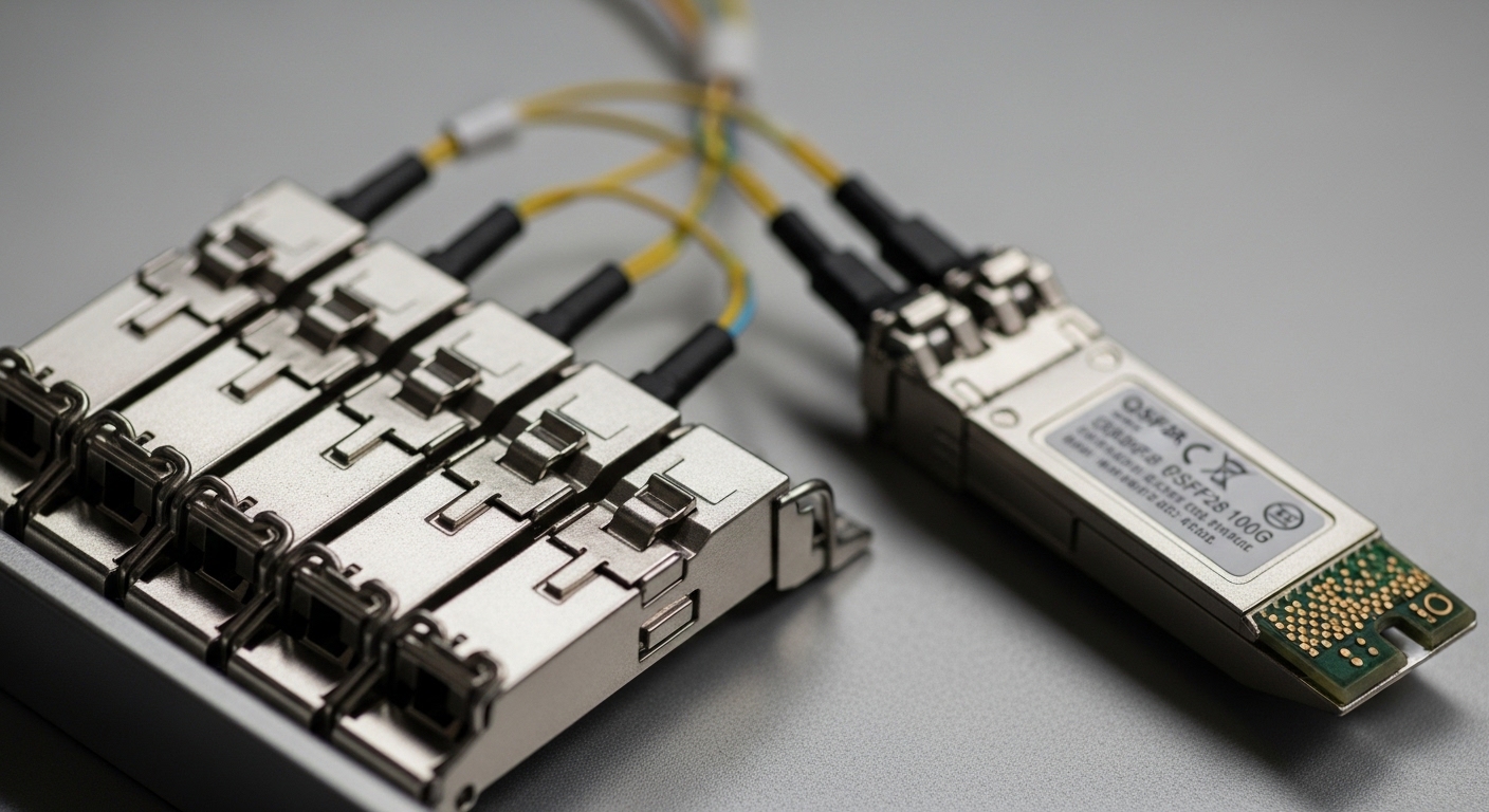 Macro photography of fiber optic transceivers: four 25G SFP28 modules clipped into a tray beside one 100G QSFP28 module, conn