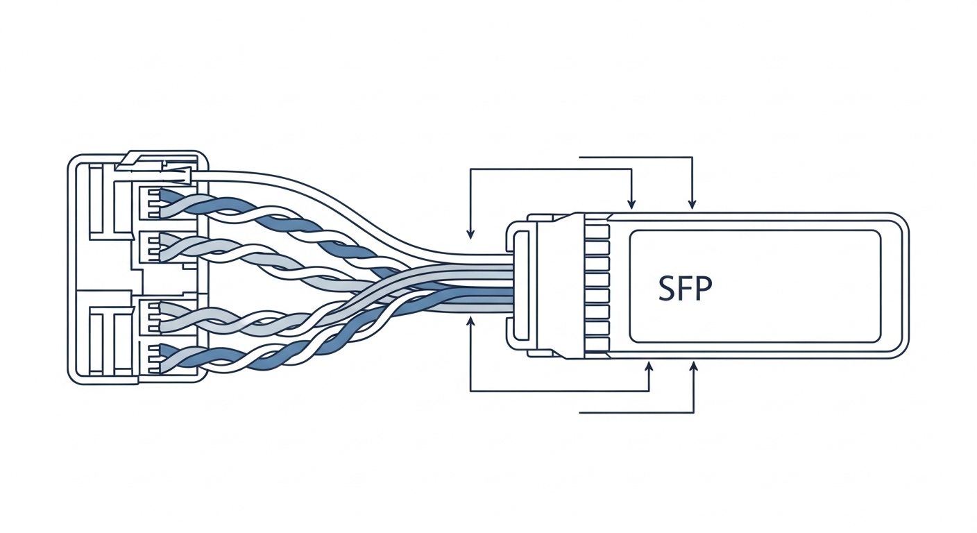 Minimalist technical illustration showing four twisted pairs entering an RJ45 connector and flowing into an SFP transceiver b