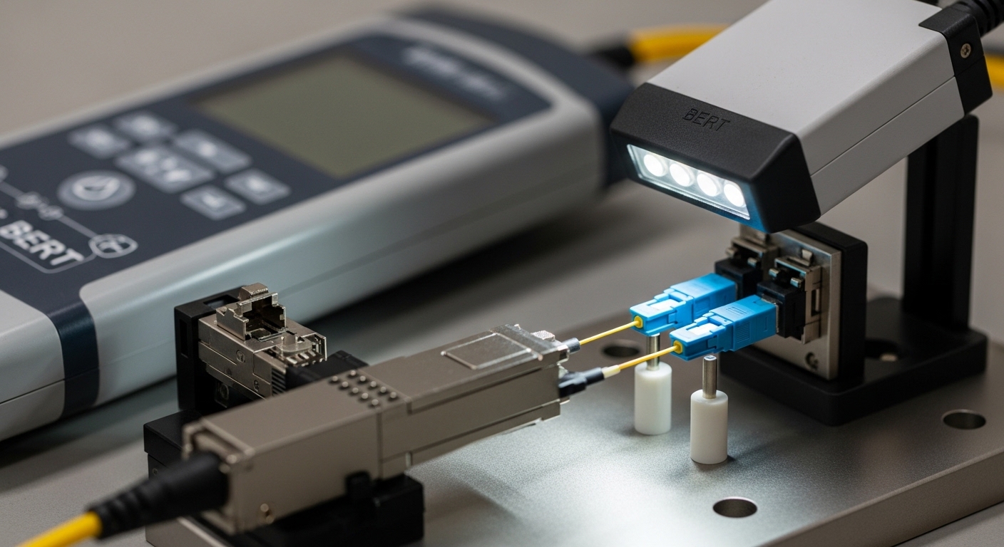 Macro photography of a fiber optic test bench: a handheld BERT instrument connected to a transceiver test fixture, with two L