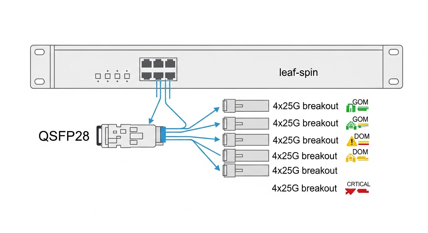 Clean vector illustration showing a leaf-spine switch with one QSFP28 port splitting into four SFP28 lanes; arrows labeled 4x
