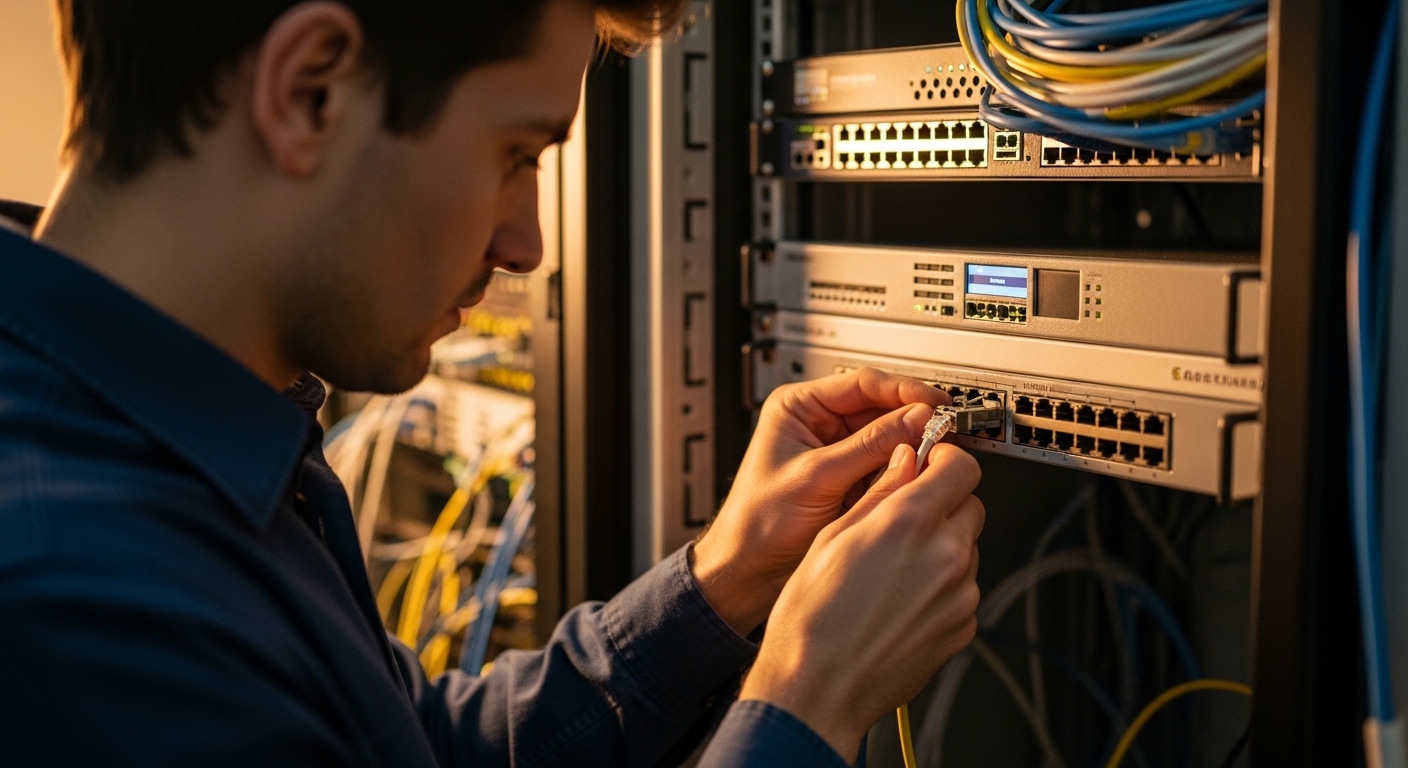 Lifestyle scene of a field engineer in an equipment room plugging an RJ45 patch cable into an SFP cage on a top-of-rack switc