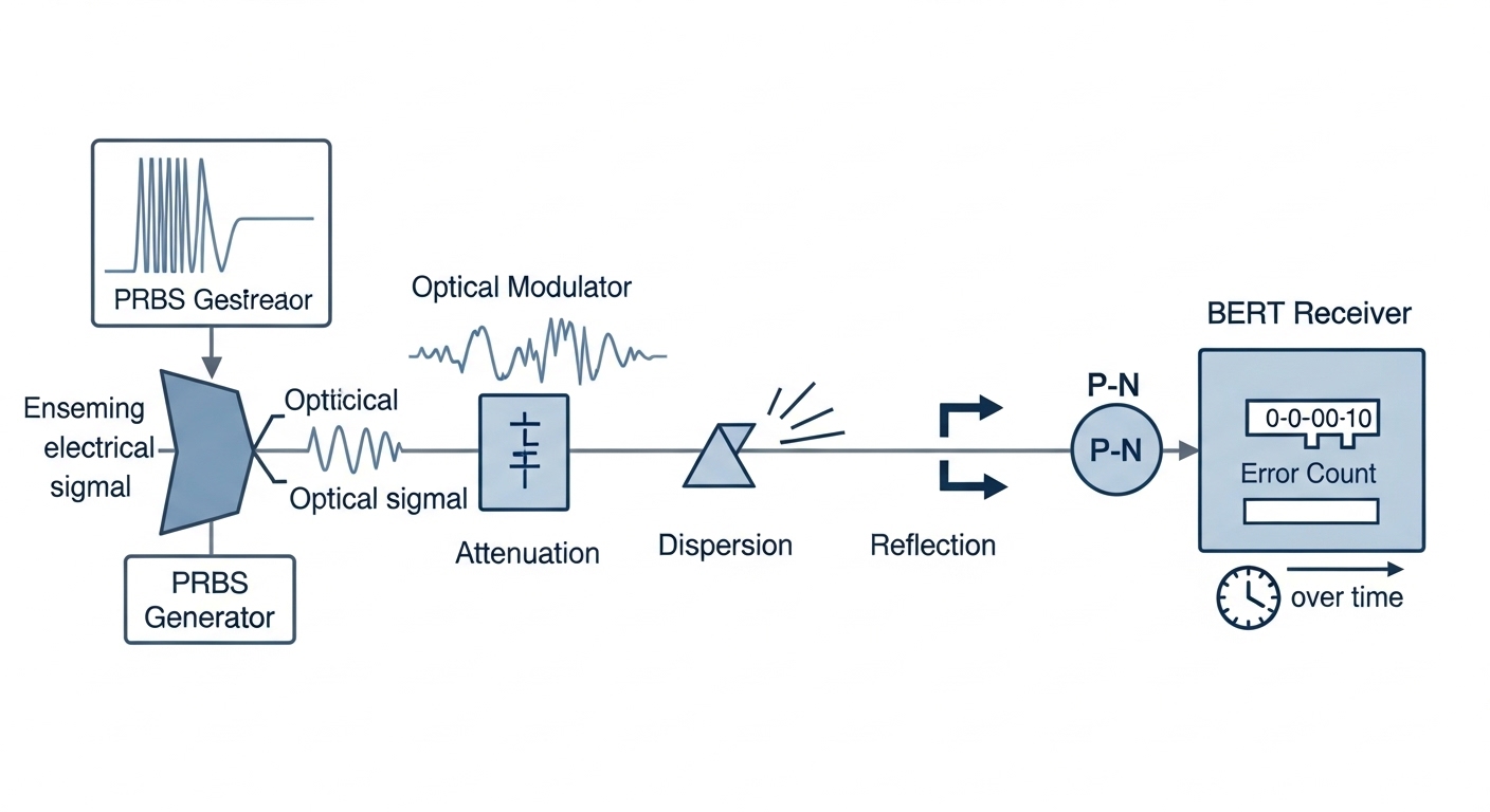 Cleanroom-style illustration of a BER measurement concept: a PRBS bitstream enters an optical modulator, traverses a fiber ch