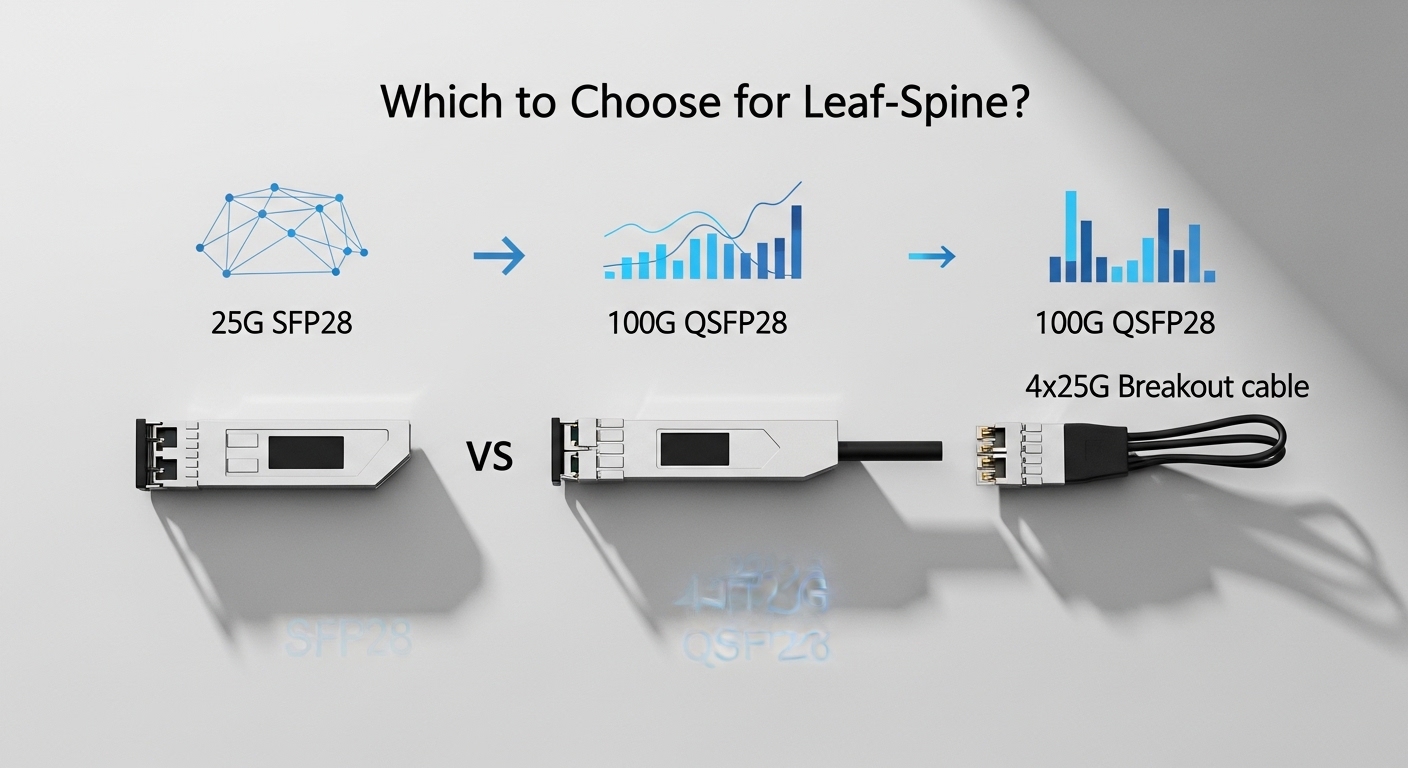 Overhead flat-lay composition of 25G SFP28 vs 100G, 100G QSFP28 vs 4x25G Breakout: Which to Choose for Leaf-Spine, styled lay
